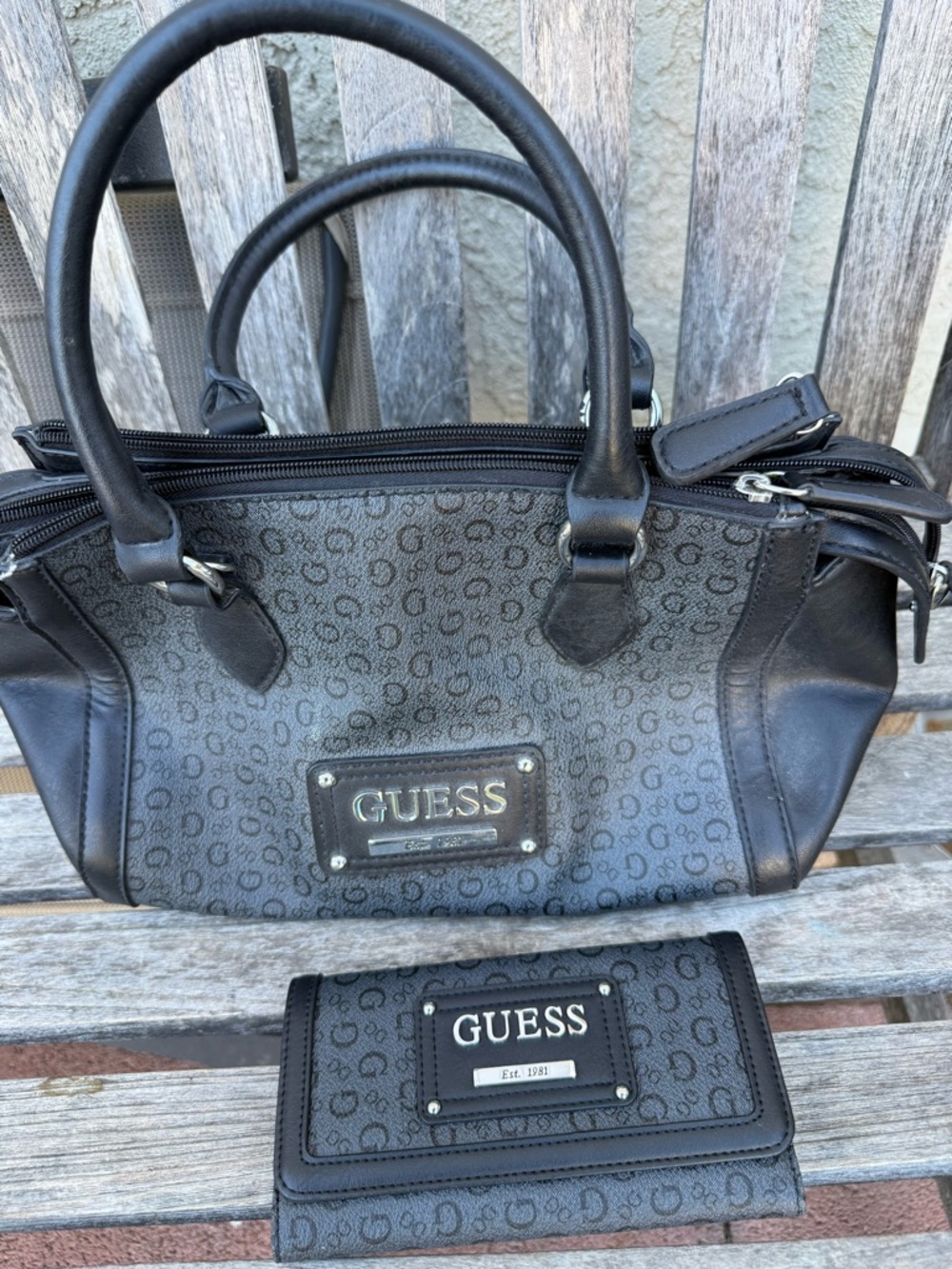 GUESS Black Logo Satchel with Matching Wallet black purse handbag